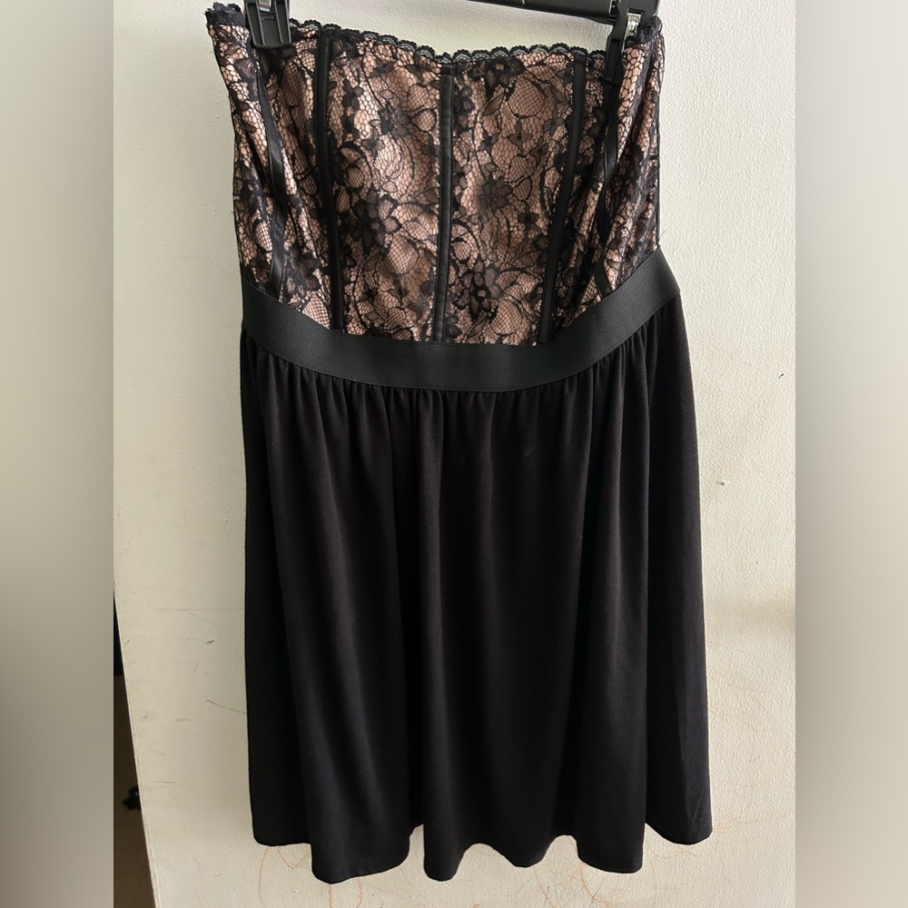 Tan and black lacey strapless dress